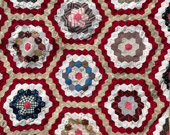 Awesome Handmade Vintage Grandmother’s Flower Garden Quilt TOP ~ Calico Fabrics ~ 74x83”