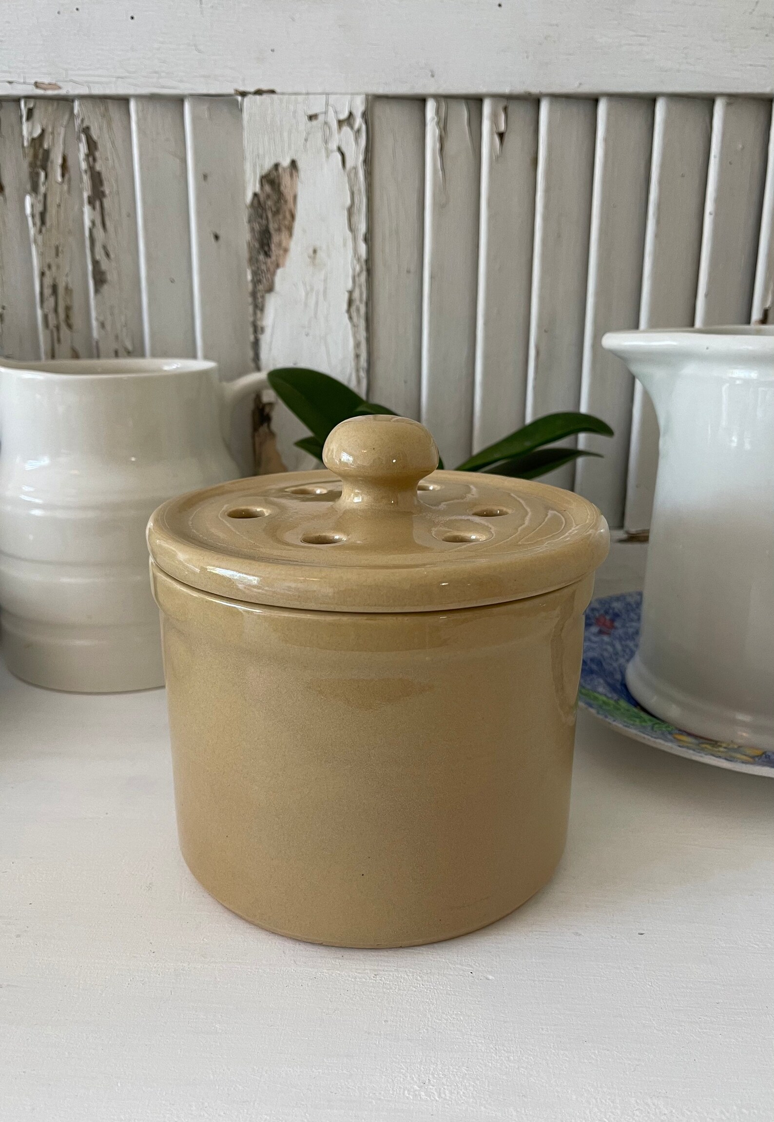 Vintage Stoneware Crock with Lid Garlic Pot Etsy