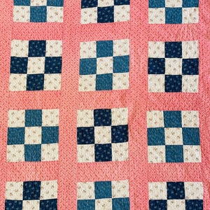 Gorgeous Handmade Vintage Nine Patch Quilt ~ Indigo Fabrics ~ Amish ~ 68x78”