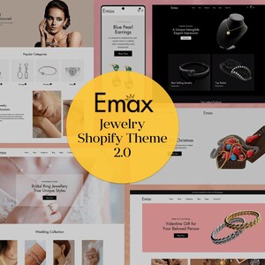 Op de afbeelding: Een website-ontwerp met sieraden, met verschillende productpresentaties. Het ontwerp bevat afbeeldingen van kettingen, oorbellen, ringen en armbanden. Het thema van de website is "Emax Jewelry Shopify Theme 2.0".