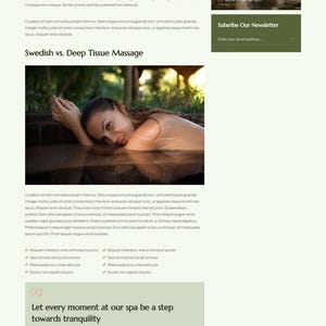 May include: A website page for Selina Spa & Wellness, detailing aromatherapy massage and spa treatments. Features a woman with a flower in her hair, spa services, and contact details. Includes articles and a newsletter.
