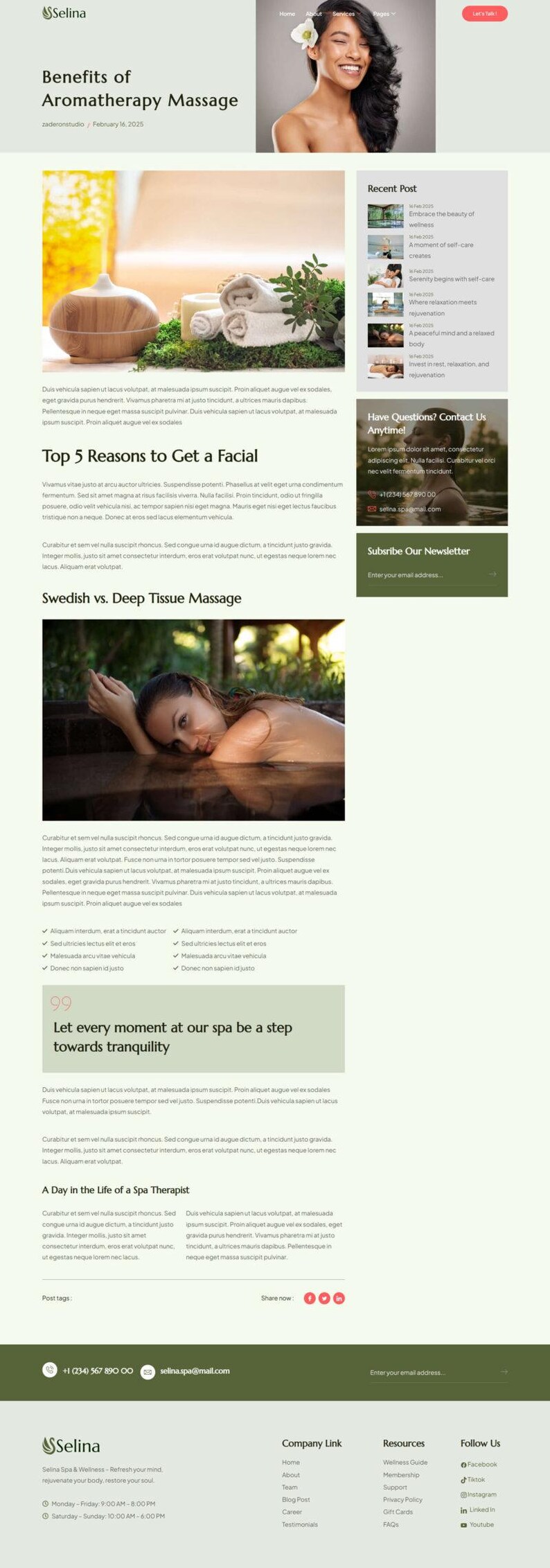 May include: A website page for Selina Spa & Wellness, detailing aromatherapy massage and spa treatments. Features a woman with a flower in her hair, spa services, and contact details. Includes articles and a newsletter.