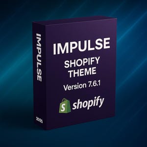May include: A dark purple box with the word "IMPULSE" in white on the side. The front of the box displays "IMPULSE SHOPIFY THEME Version 7.6.1" in white text. The Shopify logo is also visible.