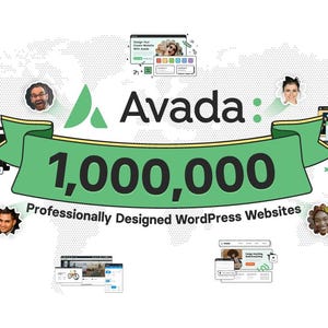 May include: An advertisement for Avada, a website design platform, featuring the Avada logo, the number 1,000,000, and the text "Professionally Designed WordPress Websites." The image includes website mockups and headshots.