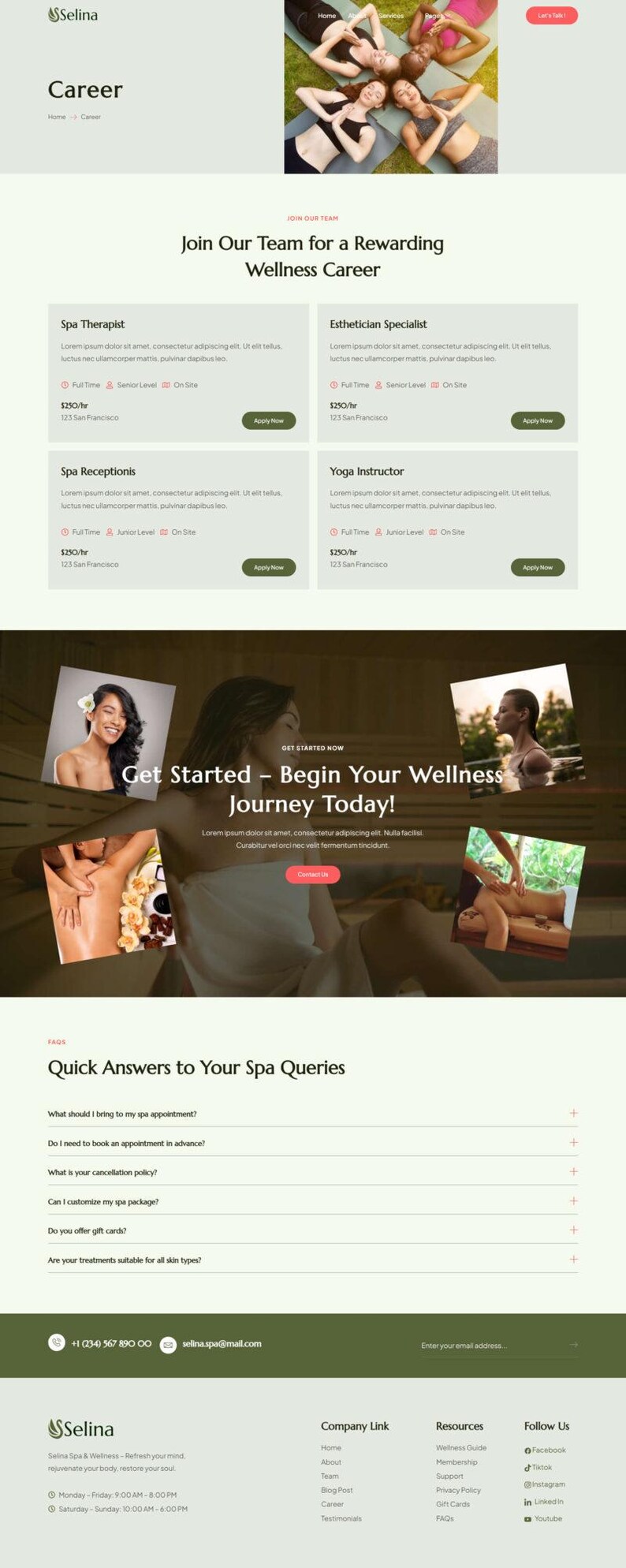 May include: A website for Selina Spa & Wellness, advertising career opportunities in the wellness sector. Roles include Spa Therapist, Esthetician, Spa Receptionist, and Yoga Instructor. Features spa treatment images.