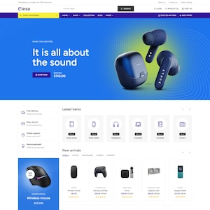 Può includere: Pagina iniziale del sito web con un design blu e bianco, che mostra il testo "It is all about the sound". La pagina presenta auricolari wireless, un mouse wireless e altri dispositivi elettronici. Il sito web si chiama "elesa."