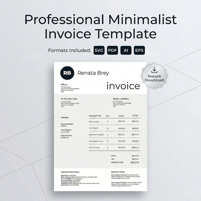 Minimalist Invoice Template Editable A4 Print Ready Clean Business Bill ...