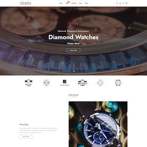 May include: Website banner for Ceizen, featuring "Natural Diamond Encrusted Diamond Watches." The site includes a "Shop Now" button, watch icons, and a blog section. A close-up of a blue-faced watch with a leather strap is also visible.