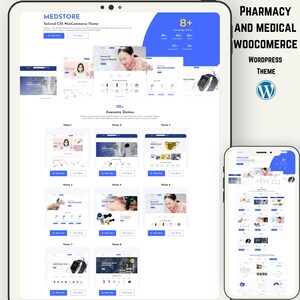 Peut inclure: Présentation numérique d'un thème de site web pour le commerce électronique pharmaceutique et médical. Le thème MEDSTORE, conçu pour WordPress, présente plusieurs démos de pages d'accueil avec des schémas de couleurs bleus et blancs.