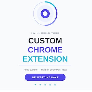 Puede incluir: Gráfico digital con el texto "I WILL BUILD YOUR CUSTOM CHROME EXTENSION" en negro, azul y turquesa. Un botón azul dice "DELIVERY IN 3 DAYS". El diseño incluye un gráfico circular con acentos azules y turquesas.