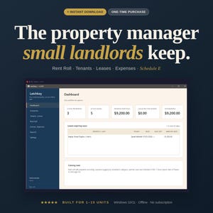 May include: A dark blue graphic promoting property management software for small landlords. The software interface displays a dashboard with key metrics like active properties, leases, and rent roll. Text includes "Instant Download" and "One-Time Purchase."