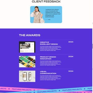 May include: A website design featuring a purple and white color scheme. The site includes sections for services, projects, client feedback, awards, and pricing packages. The text reads "Bringing Your Vision to Reality."