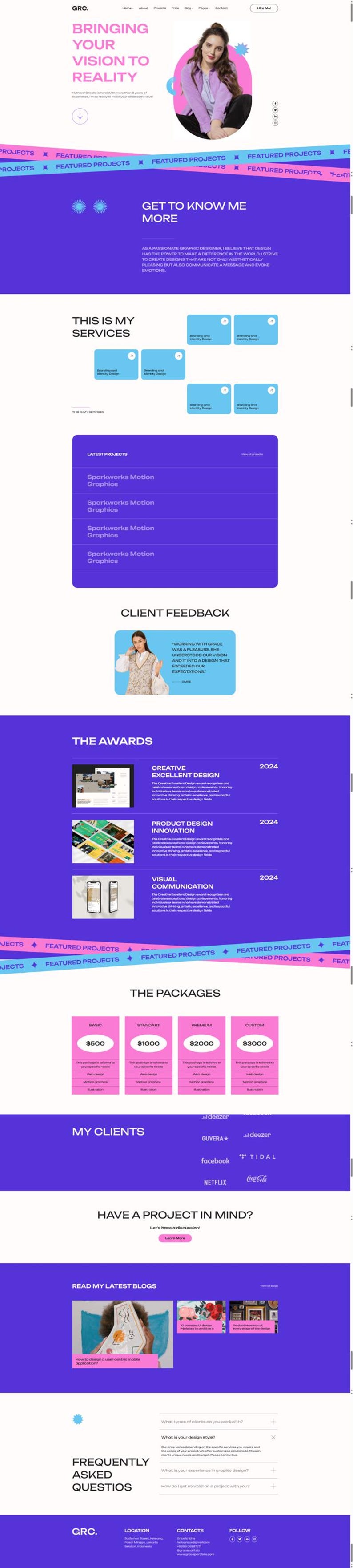 May include: A website design featuring a purple and white color scheme. The site includes sections for services, projects, client feedback, awards, and pricing packages. The text reads "Bringing Your Vision to Reality."