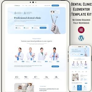 以下が含まれることがあります： タブレットとスマートフォンに表示された歯科医院のウェブサイトテンプレートキット。デザインは、青と白のアクセントを備えたクリーンでモダンなレイアウトが特徴です。「Profesional dental clinic」と「No Coding Required, Fully Responsive」のテキストが含まれています。