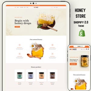 Può includere: Un design di sito web per un negozio di miele, con un favo, un barattolo di miele e un misurino per il miele. Il design include il testo "Begin with honey drops" e mostra barattoli di prodotti a base di miele. Una vista mobile mostra un barattolo di miele con il testo "Sweetness in every drop."