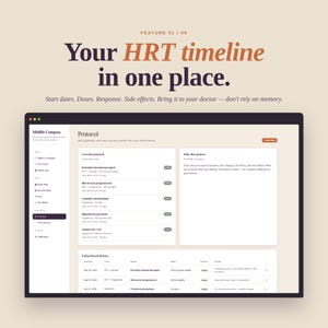 May include: A digital interface displays the text "Your HRT timeline in one place." The screen shows a protocol with start dates, doses, and side effects. The interface is designed to help track and manage hormone replacement therapy.