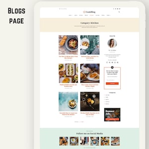 Peut inclure: Une tablette num&eacute;rique affiche une page de blog culinaire. La page pr&eacute;sente des articles de recettes avec des images de divers plats. Le titre du blog est "CookBlog", et la cat&eacute;gorie est "Cuisine". La page comprend une section pour les liens vers les r&eacute;seaux sociaux.