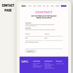 May include: A digital contact page design with the text "CONTACT" in pink and a form for contact information. The page includes fields for first name, last name, email, and phone number, with a "Submit Form" button.
