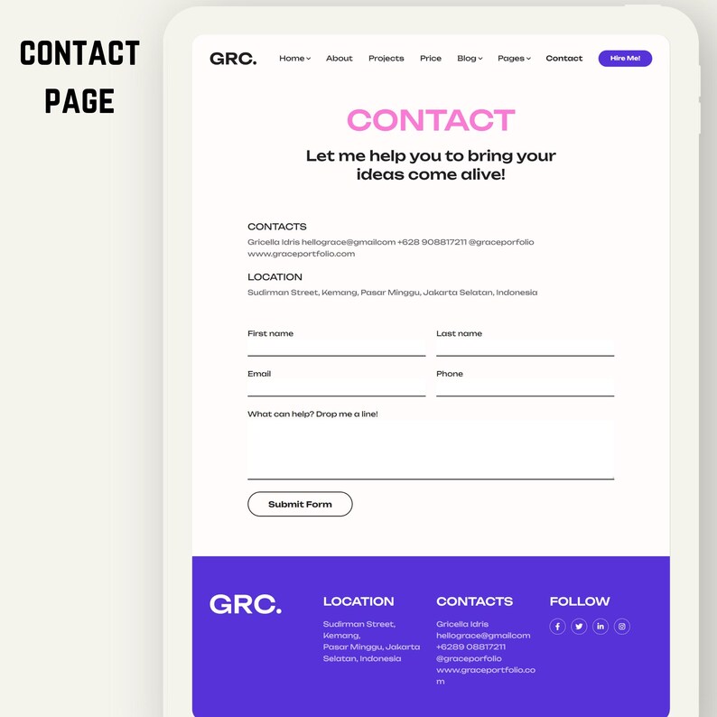 May include: A digital contact page design with the text "CONTACT" in pink and a form for contact information. The page includes fields for first name, last name, email, and phone number, with a "Submit Form" button.