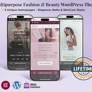 May include: Three smartphones displaying a fashion and beauty WordPress theme. The screens showcase website designs with the text "Endeavor to Innovate", "Unleash Your Beauty", and "Discover Your Collection". The theme includes "Lifetime Updates".