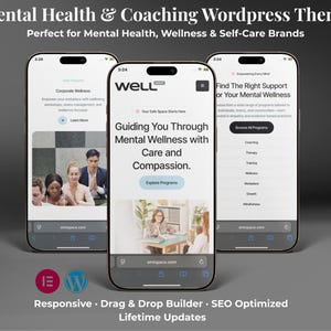 Puede incluir: Tres smartphones muestran un tema de WordPress para la salud mental y el bienestar. Las pantallas muestran contenido del sitio web con el texto "Guiding You Through Mental Wellness with Care and Compassion." El tema es adaptable y optimizado para SEO.