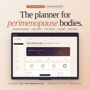 Könnte beinhalten: Ein digitaler Planer für den Körper in den Wechseljahren, mit Symptom-Heatmap, Zyklusrad und HRT-Tracker. Der Bildschirm zeigt Daten zu Hitzewallungen und anderen Symptomen. Der Text lautet: "Drei Hitzewallungen heute. Das Muster ist real."