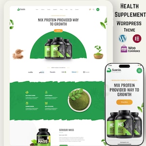 Puede incluir: Diseño web para un suplemento de salud, que se muestra en una tableta y un teléfono inteligente. El diseño incluye imágenes de proteína en polvo, suplementos y el texto "MIX PROTEIN PROVIDED WAY TO GROWTH". El tema es verde y blanco.