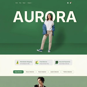Op de afbeelding: Website homepage met het woord "AURORA" in grote witte letters op een groene achtergrond. Een persoon draagt een witte trui, een beige broek en een blauwe jas. Daaronder staan knoppen voor verschillende kledingcollecties.
