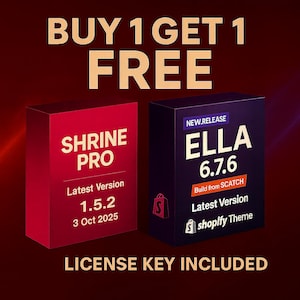 Puede incluir: Imagen promocional con el texto "COMPRA 1 Y LLÉVATE 1 GRATIS." Presenta dos cajas de productos: una roja con "SHRINE PRO" y otra morada oscura con "ELLA 6.7.6." También incluye el texto "CLAVE DE LICENCIA INCLUIDA."