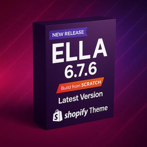 Puede incluir: Una caja morada con el texto "NEW RELEASE" y "ELLA 6.7.6". Debajo, se lee "Build from SCRATCH", "Latest Version" y un logotipo de tema Shopify.