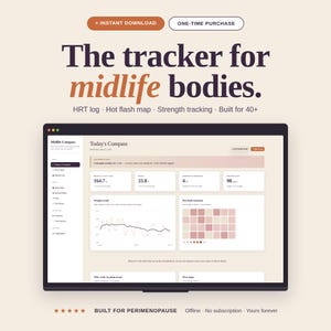 Könnte beinhalten: Eine digitale Oberfläche für einen Gesundheitstracker, die Datenvisualisierungen und Metriken anzeigt. Der Bildschirm zeigt den Text "The tracker for midlife bodies." und enthält Optionen für HRT-Protokoll, Hitzewallungskarte und Krafttraining. Für über 40-Jährige.