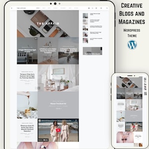 May include: A website design displayed on a tablet and smartphone. The website, "The Affair," features a clean, modern layout with a gray and white color scheme. The design includes blog and magazine elements, with the WordPress logo visible.
