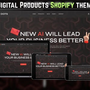 May include: A digital product Shopify theme displayed on a laptop, tablet, and smartphone. The theme features a dark background with a honeycomb pattern and the text "NEW AI WILL LEAD YOUR BUSINESS BETTER."
