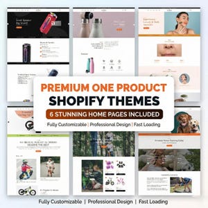 May include: A promotional image for a Shopify theme, displaying several website mockups. The image highlights different product categories such as speakers, water bottles, skincare, and cycling equipment. Text includes "Premium One Product Shopify Themes" and "6 Stunning Home Pages Included."