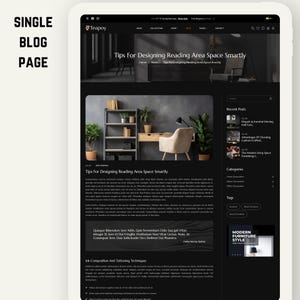 K&ouml;nnte beinhalten: Ein Blog-Seite auf einem Tablet-Bildschirm mit dem Titel "Tips For Designing Reading Area Space Smartly". Die Seite hat ein dunkles Thema mit Bildern von M&ouml;beln und Text. Das Teapoy-Logo befindet sich oben.