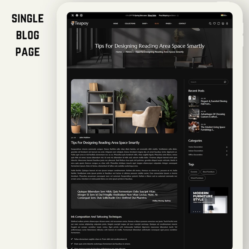 K&ouml;nnte beinhalten: Ein Blog-Seite auf einem Tablet-Bildschirm mit dem Titel "Tips For Designing Reading Area Space Smartly". Die Seite hat ein dunkles Thema mit Bildern von M&ouml;beln und Text. Das Teapoy-Logo befindet sich oben.