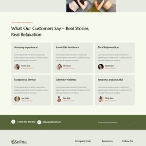 May include: A website page for Selina Spa & Wellness, featuring testimonials. The page includes a photo of people doing yoga, customer testimonials, and contact information. The website's theme is relaxation and wellness.