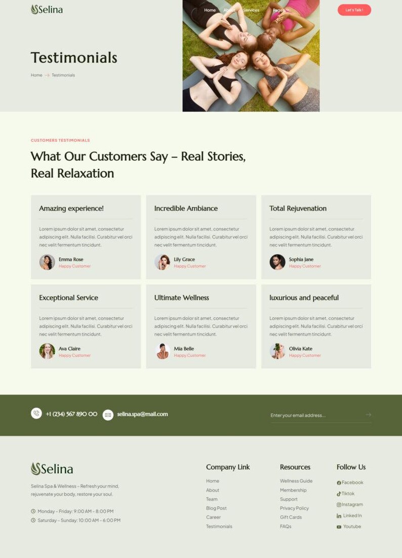 May include: A website page for Selina Spa & Wellness, featuring testimonials. The page includes a photo of people doing yoga, customer testimonials, and contact information. The website's theme is relaxation and wellness.