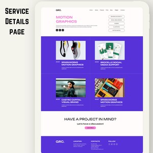 May include: A digital tablet displays a website design with a purple and white color scheme. The website features the text "MOTION GRAPHICS" and several project examples. The page includes the text "HAVE A PROJECT IN MIND?" and "Let's have a discussion!"