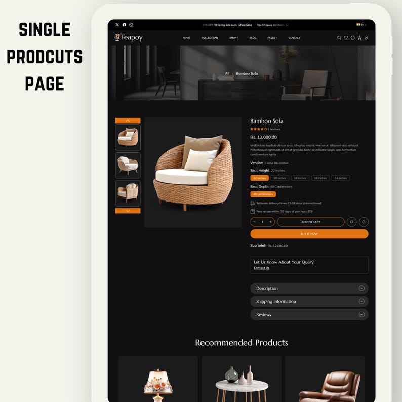 K&ouml;nnte beinhalten: Eine Produktseite auf einem Tablet zeigt ein Bambus-Sofa. Das Sofa hat ein gewebtes Rattangestell, ein wei&szlig;es Kissen und zwei Kissen. Die Sitzh&ouml;he betr&auml;gt 56 cm, die Sitztiefe 40 cm. Der Text "Bamboo Sofa" ist enthalten.