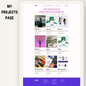May include: A digital interface design showcasing a "My Projects Page" layout. The page features a purple and white color scheme with project thumbnails, titles, and descriptions. The text "MY PROJECTS PAGE" is displayed on the left side. The website's name is "GRC."
