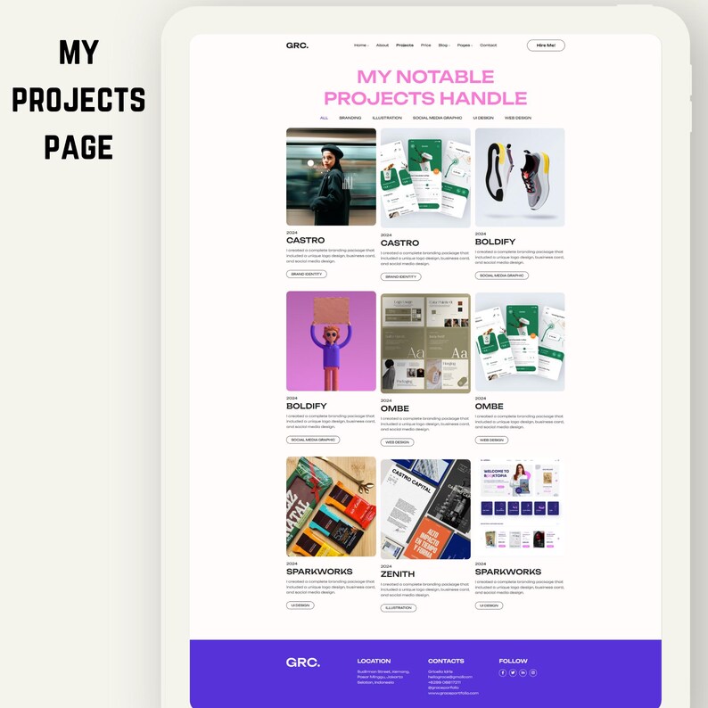 May include: A digital interface design showcasing a "My Projects Page" layout. The page features a purple and white color scheme with project thumbnails, titles, and descriptions. The text "MY PROJECTS PAGE" is displayed on the left side. The website's name is "GRC."