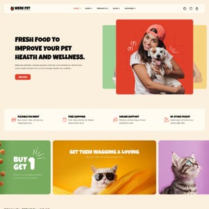 Könnte beinhalten: Eine Website-Homepage für Werk Pet mit einer Frau, die einen Hund hält, und einer Katze mit Sonnenbrille. Die Website wirbt für frisches Tierfutter und Wellness. Der Text enthält "Fresh Food to Improve Your Pet Health and Wellness."