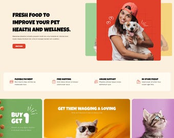 Tema de Shopify para tienda de mascotas / Tienda de comida para perros, accesorios para gatos, juguetes para mascotas, cuidado de animales, productos veterinarios, peluquería canina.