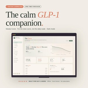 May include: A digital interface on a laptop screen displays data visualizations and text. The screen shows a graph, numerical data, and the text "The calm GLP-1 companion." Additional text includes "Steady Curve" and "Dark mode."