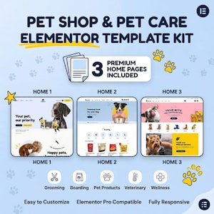 A modern, responsive WordPress theme designed specifically for pet stores, veterinary clinics, animal grooming salons, and dog daycares. This Elementor Pro and WooCommerce compatible website template features a clean layout perfect for selling pet food, supplies, and booking care services. It includes premium stock images, mobile-friendly design, and customizable shop pages for your pet business.