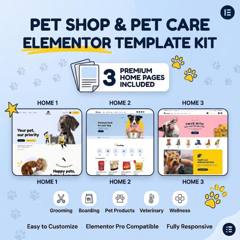 A modern, responsive WordPress theme designed specifically for pet stores, veterinary clinics, animal grooming salons, and dog daycares. This Elementor Pro and WooCommerce compatible website template features a clean layout perfect for selling pet food, supplies, and booking care services. It includes premium stock images, mobile-friendly design, and customizable shop pages for your pet business.