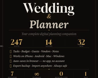 Digital Wedding Planner, Bride Organizer with Budget Tracker, Guest List, Vendor Manager, Notes, Live Countdown and Wedding Checklist