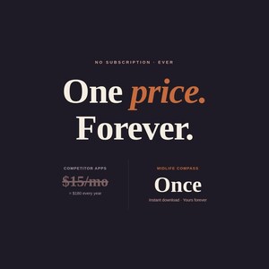 May include: A dark background with white and orange text. The text reads "One price. Forever." Below, it compares competitor apps at &pound;15/mo to "Once" for instant download.