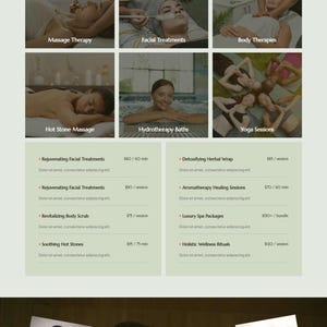 May include: A website for Selina Spa & Wellness, showcasing services such as massage therapy, facial treatments, and body therapies. The site includes images of spa treatments and a call to action to begin a wellness journey.